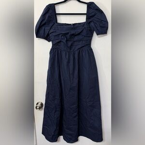 Few Moda River Dress Square Neck Puff Sleeve Cotton Dress Navy
